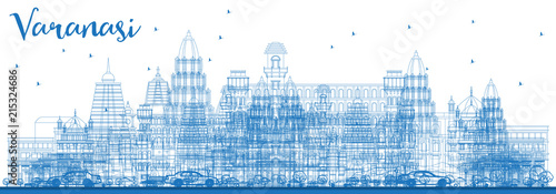 Outline Varanasi India Skyline with Blue Buildings.
