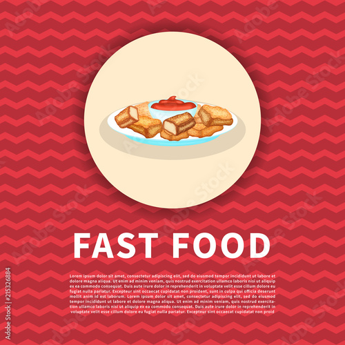 Poster of chicken nuggets with sauce . Cute colored picture of fast food. Graphic design elements for menu, poster, brochure, ad. Vector illustration of fast food for bistro, snackbar, cafe.