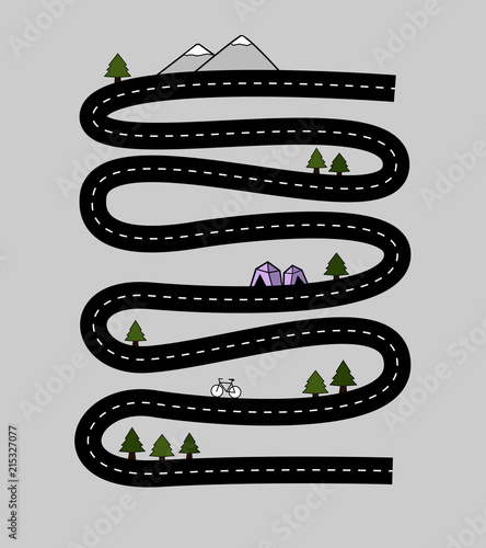 Winding backcountry road lined with trees. Camping concept. Flat vector illustration.
