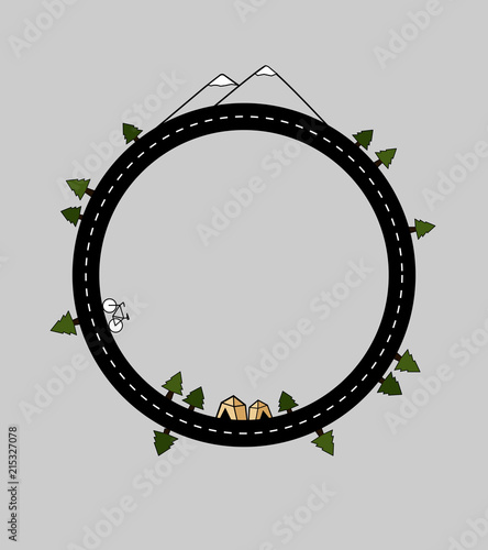 Circular backcountry road lined with trees. Camping concept. Flat vector illustration.