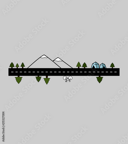 Straight backcountry road lined with trees. Camping concept. Flat vector illustration.