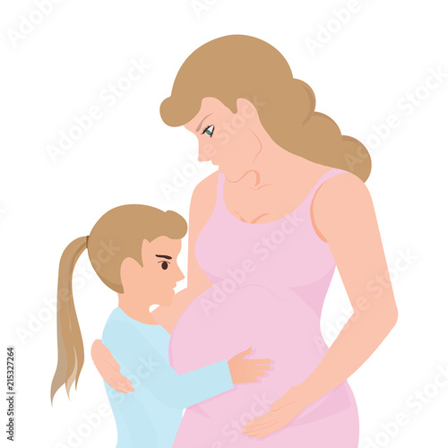 Little girl touching her pregnant mom belly.
