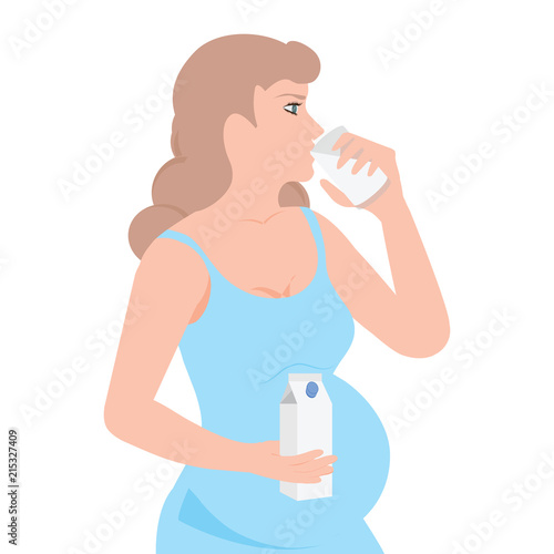 Young pregnant woman hold box of milk and drinking milk isolated on white background.