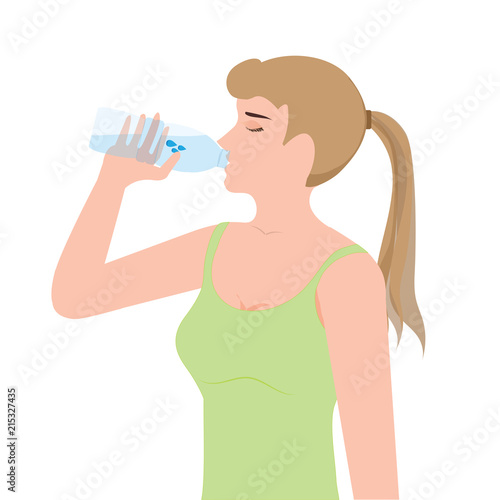 Young woman drinking water from plastic bottles.