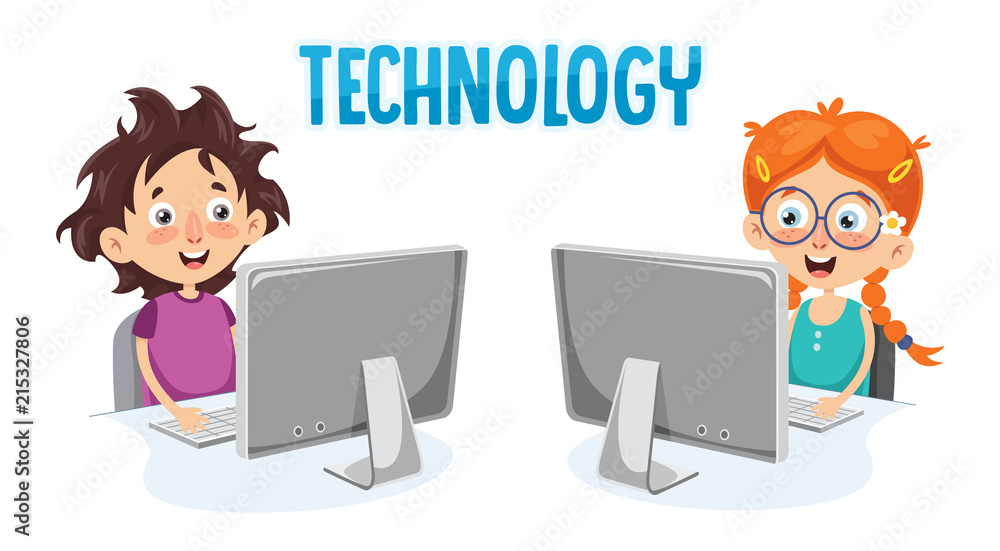 Vector Illustration Of Kid With Computer Vector Illustration Of Kid With Computer