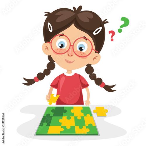 Vector Illustration Of Kid Playing Puzzle