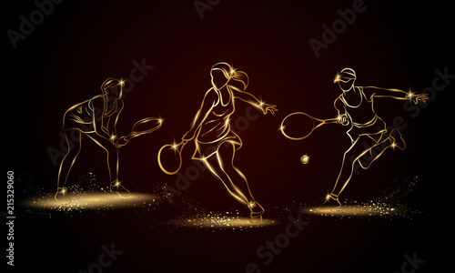 Professional woman tennis players set. Golden linear tennis player illustration for sport banner, background and flyer.