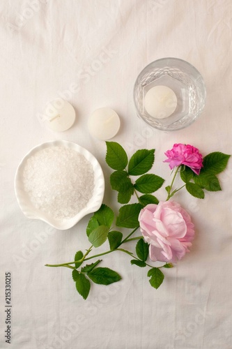 Beautiful spa composition on white tissue background. Concept of relax, wellness and mindfulness.