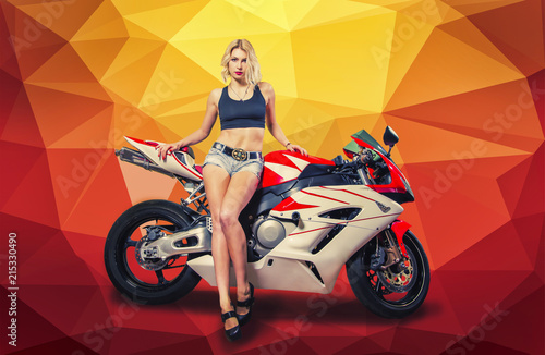 Blonde girl on a sportbike on a yellow background