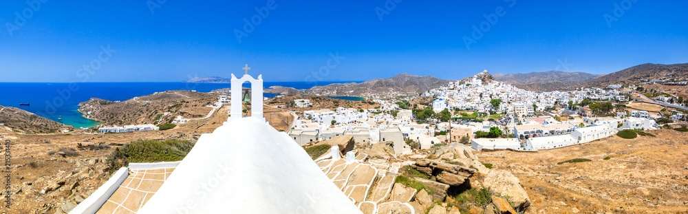 Panorama of Ios Chora and old harbor, Cyclades, Greece.