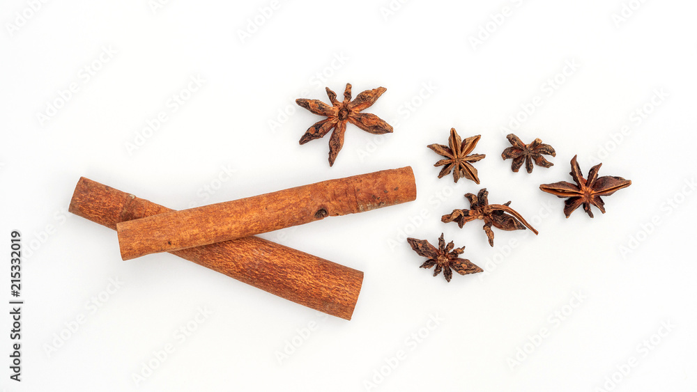 cinnamon and star anise on a white background. cinnamon and star anise on a white background.