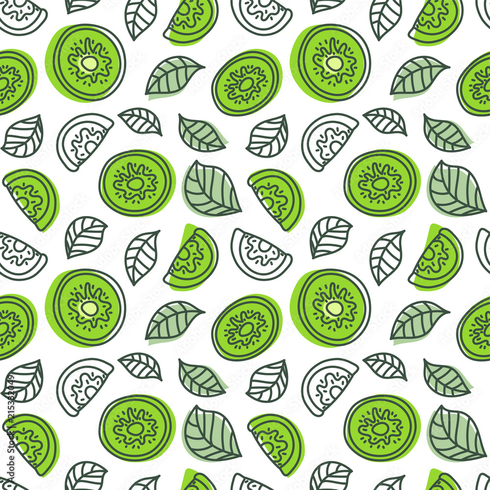 Kiwi seamless pattern. Hand drawn fresh tropical fruit. Multicolored vector sketch background. Colorful doodle wallpaper. Green print Kiwi seamless pattern. Hand drawn fresh tropical fruit. Multicolored vector sketch background. Colorful doodle wallpaper. Green print