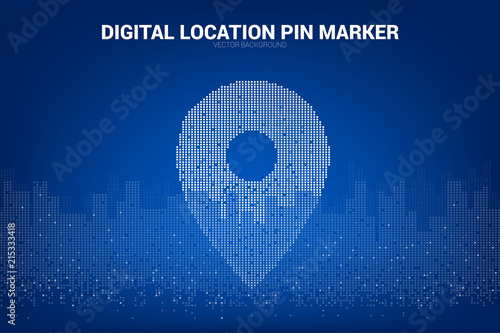 Location pin marker signage pixel style with city background: GPS Technology concept
