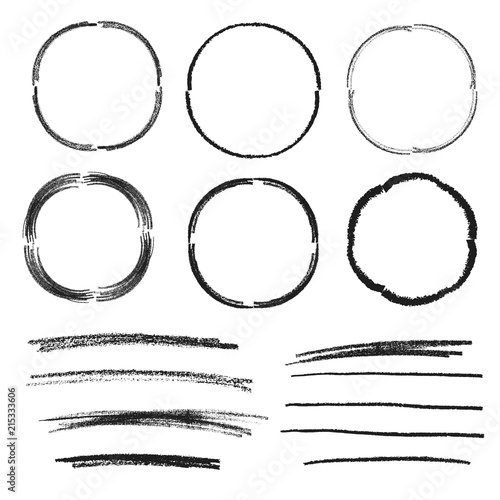 Set of hand drawn round frames and scribbles. Pencil texture. Vector, isolated elements.