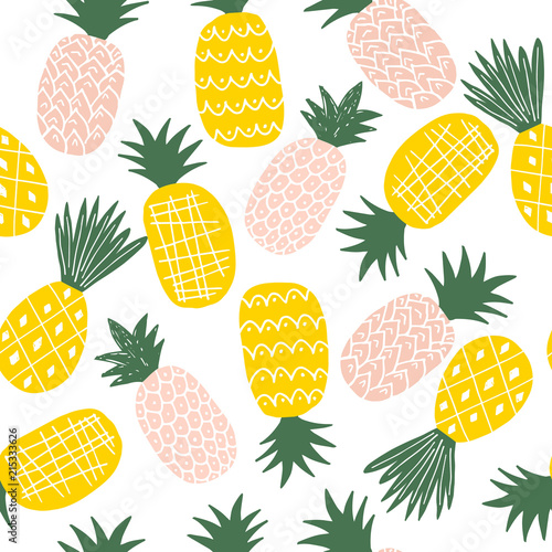 Colorful seamless pattern with tropical hand drawn pineapples. Vector modern background.