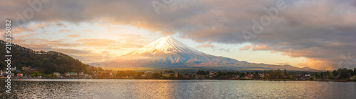 Panorama image of Mount Fuji and Lake.