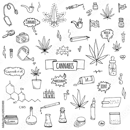 Hand drawn doodle Cannabis icons set Vector illustration sketchy symbols collection Cartoon concept elements Marijuana, Bag, Medical Use, Leaf, Drug, Legalization, CBD chemical formula, pipe, joint