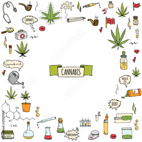 Hand drawn doodle Cannabis icons set Vector illustration sketchy symbols collection Cartoon concept elements Marijuana, Bag, Medical Use, Leaf, Drug, Legalization, CBD chemical formula, pipe, joint