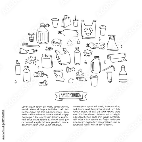 Hand drawn doodle Stop plastic pollution icons set Vector illustration sketchy symbols collection Cartoon concept elements Bag Bottle Recycle sign Package Disposal waste Contamination disposable dish