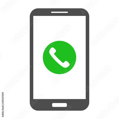 Smart phone and green answer call button on its screen. Vector.