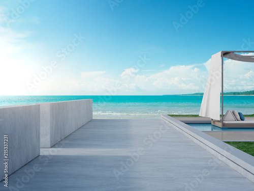 Luxury beach house with sea view swimming pool and terrace in modern design  Lounge near empty concrete floor corridor at vacation home or hotel. 3d illustration of contemporary holiday villa exterior