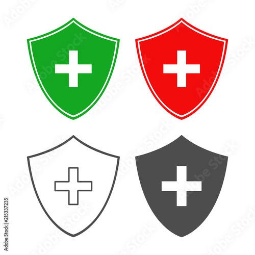 Shield and medical cross. Antibacterial symbol. Vector icon.