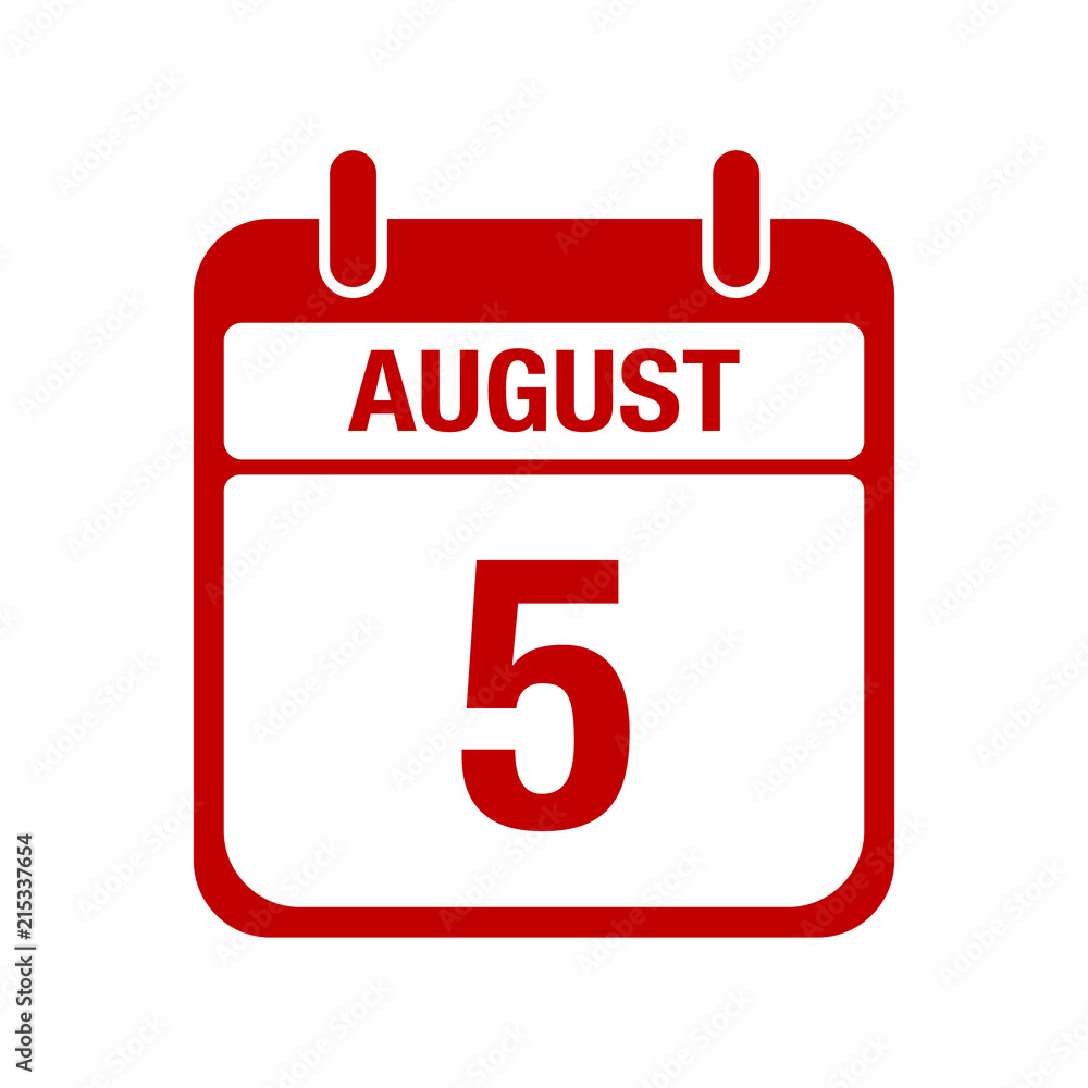 5 August calendar red icon. five 5 August calendar red icon. five