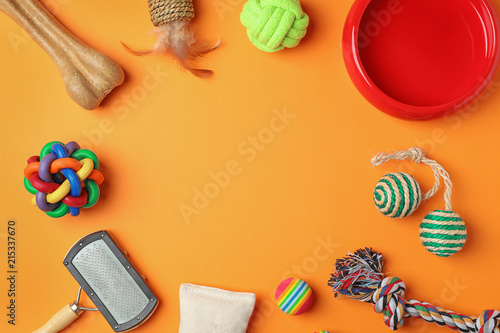 Flat lay composition with accessories for dog and cat on color background. Pet care
