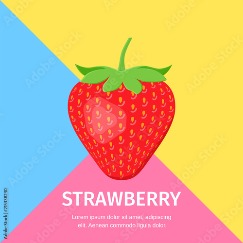 Strawberry flat icon with place for text. Vector illustration. Sweet ret berry on colorful background with space for typography. Poster template for your design.