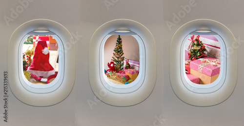 plane window and Christmas ornaments.