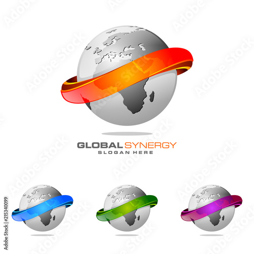 Global logo with ring sphere and digital world motion vector logo design