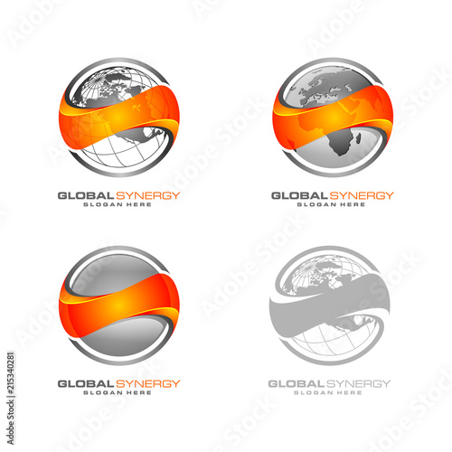 Global logo with ring sphere and digital world motion vector logo design