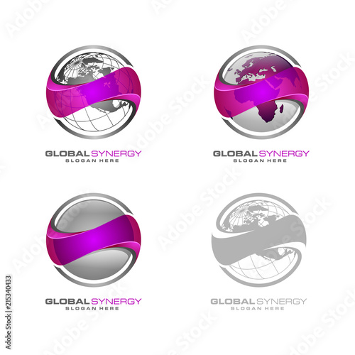 Global logo with ring sphere and digital world motion vector logo design