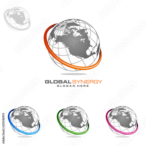 Global logo with ring sphere and digital world motion vector logo design