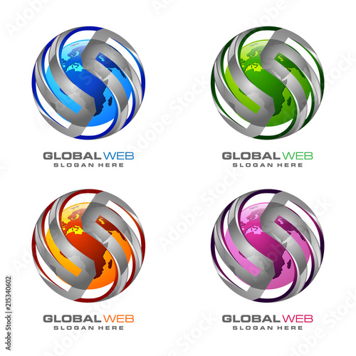 Global logo with ring sphere and digital world motion vector logo design