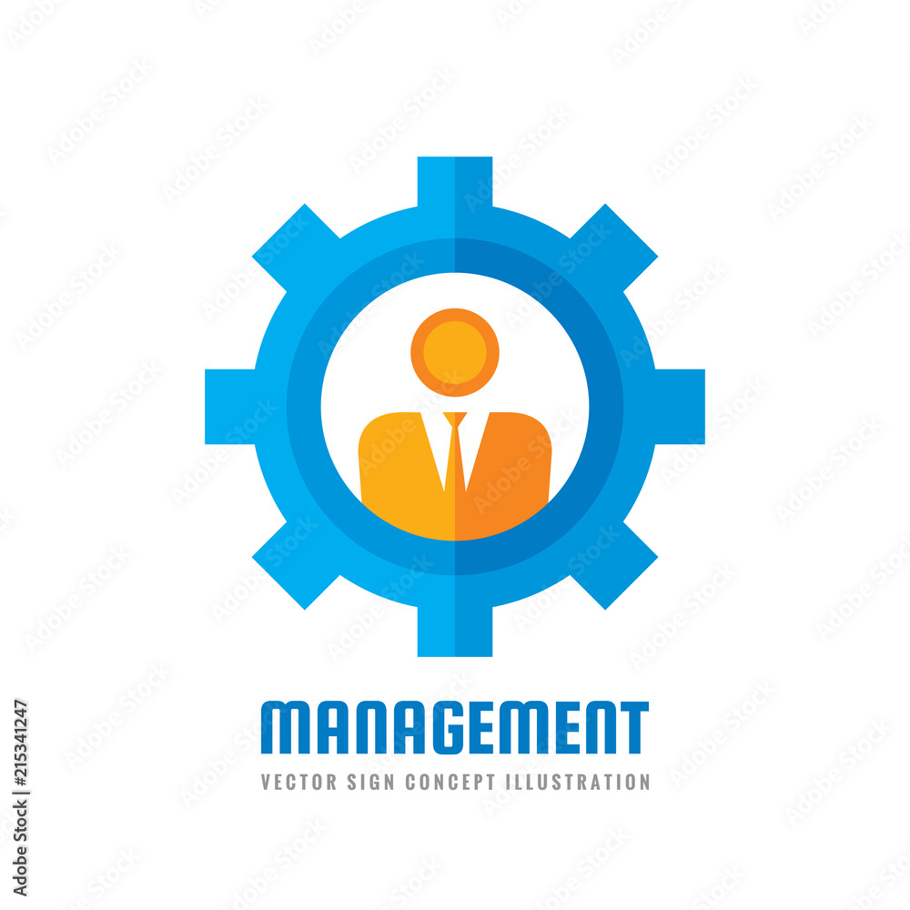 Management - vector business logo template concept illustration in flat style. Engineer people creative sign. Gear and human icon. SEO manager. Graphic design element. Management - vector business logo template concept illustration in flat style. Engineer people creative sign. Gear and human icon. SEO manager. Graphic design element.