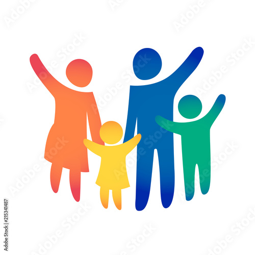 Happy family icon multicolored in simple figures. Two children, dad and mom stand together. Vector can be used as logotype