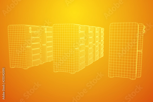 Hardware equipment telecommunication server. Data center storage room object. Computer database tower. Internet industry cluster. Wireframe low poly mesh vector illustration