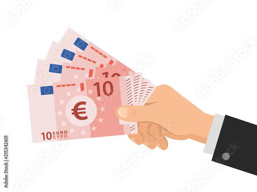 Hand holds money Euro 10 banknotes. Business concept. Isolated on white background. Flat Style. Vector illustration.