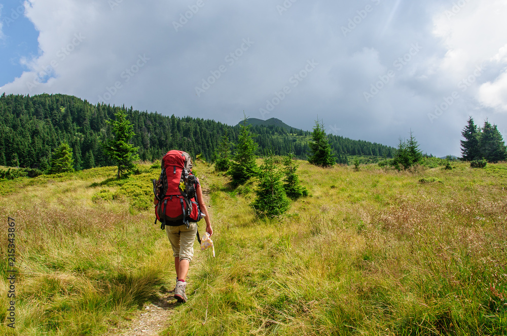 girl with a big backpack rises to the mountains. Carpathians Marmaros Ukraine