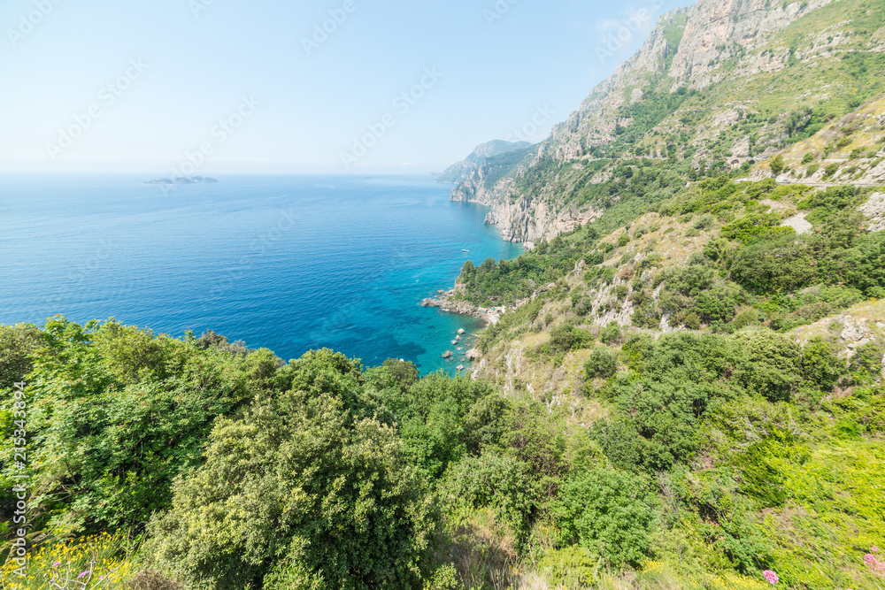 Green plants and blue sea in world famous Amalfi Coast
