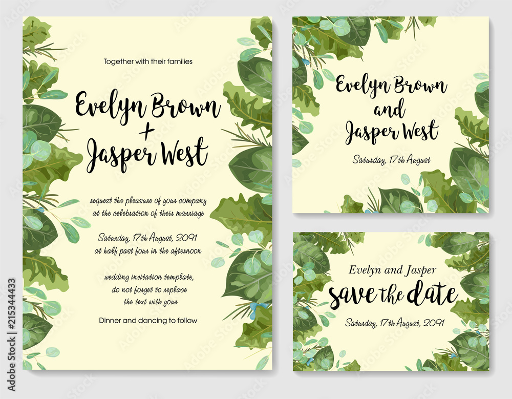 Floral cute vector watercolor set. Template of wedding invitation, postcard, menu, banner. Leaves of gerbera, roses and eucalyptus branches, waxflowers