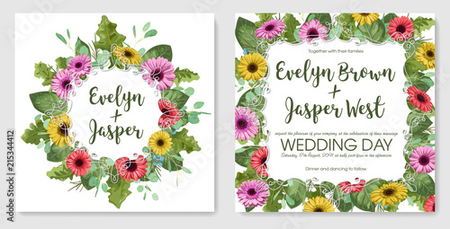 vector watercolor set of postcards. Template of wedding invitation, greeting card, labels. Beautiful colored gerberas, rose leaves and eucalyptus branches, wax flowers with frames