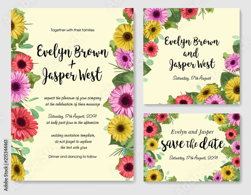 Floral cute vector watercolor set. Template of wedding invitation, postcard, menu, banner. Beautiful colored gerberas, rose leaves and eucalyptus branches, waxflowers