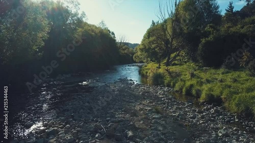 Slow aerial zoom, beautiful new zealand secluded stream in spring. photo