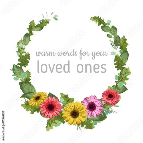 Floral vector watercolor template wreath frame. Gerbera flowers, rose and eucalyptus leaves, waxflowers isolated on white