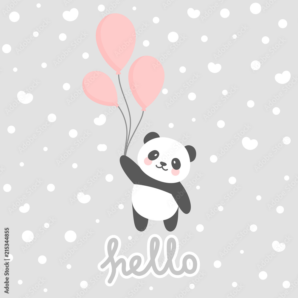 Naklejka premium Cute Panda vector print, baby shower card. panda z ilustracją kreskówki hello write, kartka z życzeniami, karty dla dzieci na plakat lub baner urodzinowy, zaproszenie z kreskówek