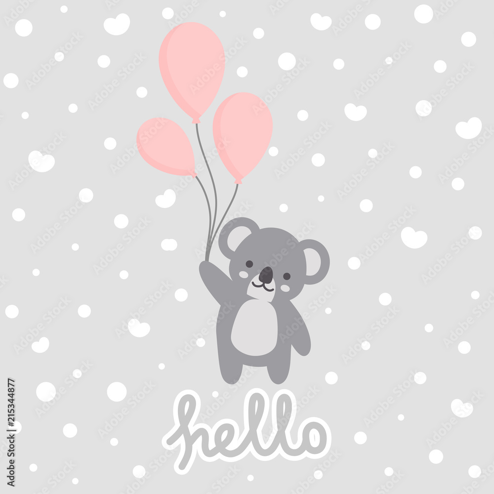 Obraz premium Drukuj wektor Koala, karta baby shower. cześć koala z ilustracją kreskówki balonu, kartką z życzeniami, kartkami dla dzieci na plakat lub baner urodzinowy, zaproszenie z kreskówek