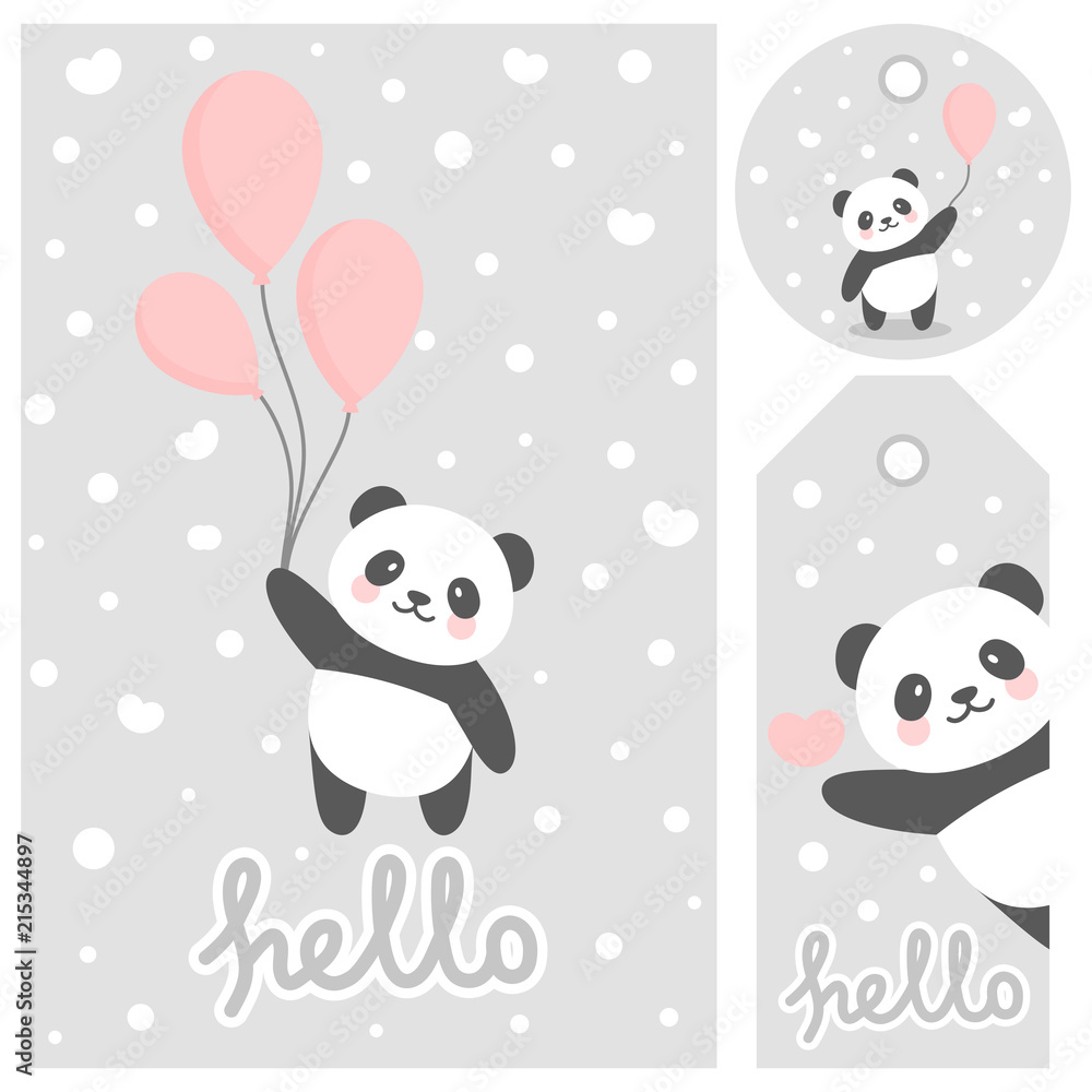 Fototapeta premium Panda vector print, baby shower card. witaj panda z ilustracją kreskówki balonu, kartką z życzeniami, kartkami dla dzieci na plakat lub baner urodzinowy, zaproszenie z kreskówek