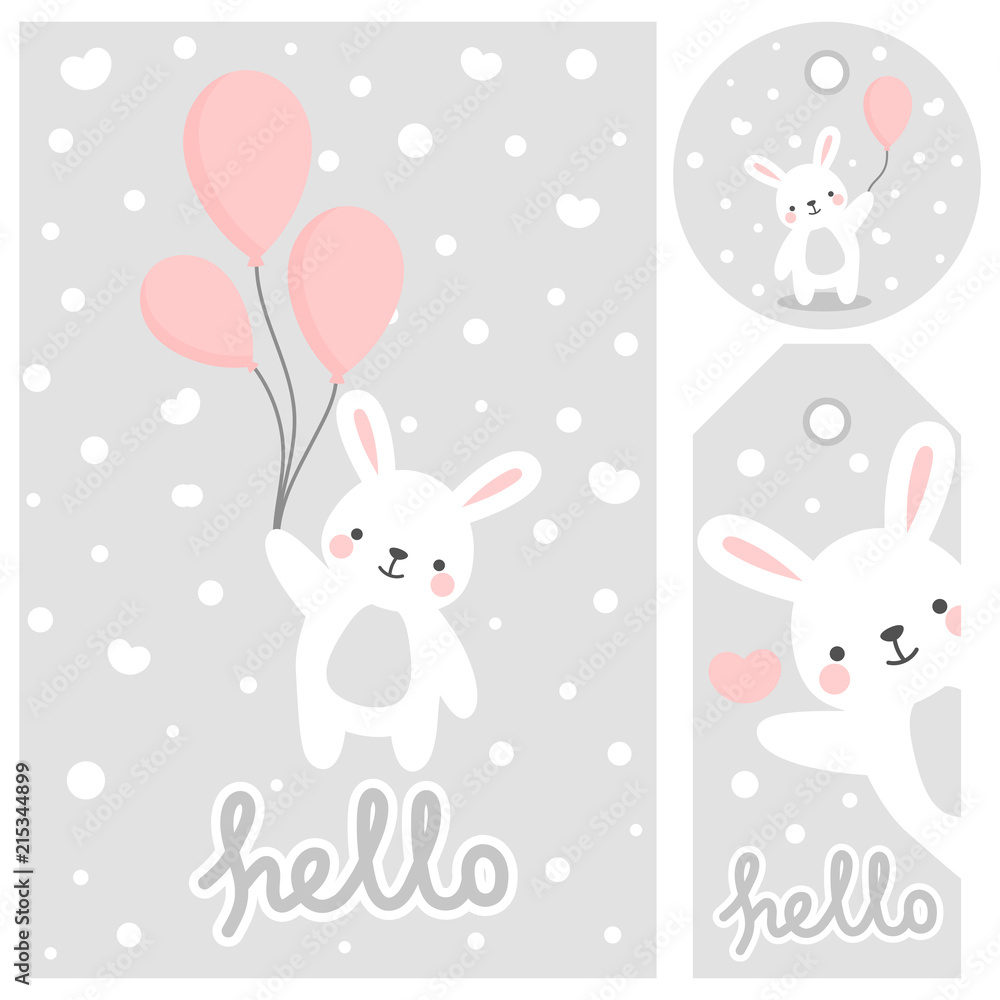 Obraz premium Rabbit vector print, baby shower card. witaj króliczku z ilustracją kreskówki balonu, kartką z życzeniami, kartkami dla dzieci na plakat lub baner urodzinowy, zaproszenie z kreskówek